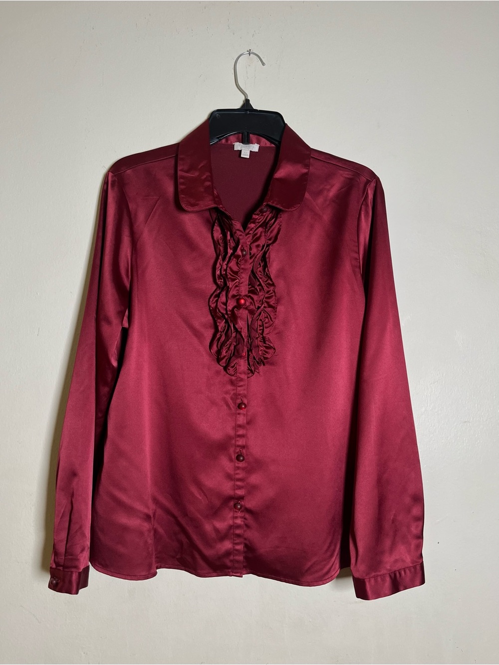 Talbots Burgundy Ruffled Satin Button-Down Blouse